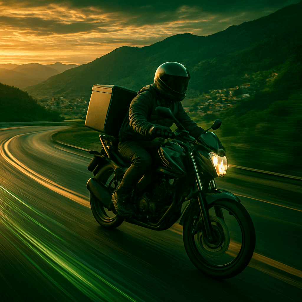 Repartidor en moto recorriendo Manizales al atardecer con estelas de luz